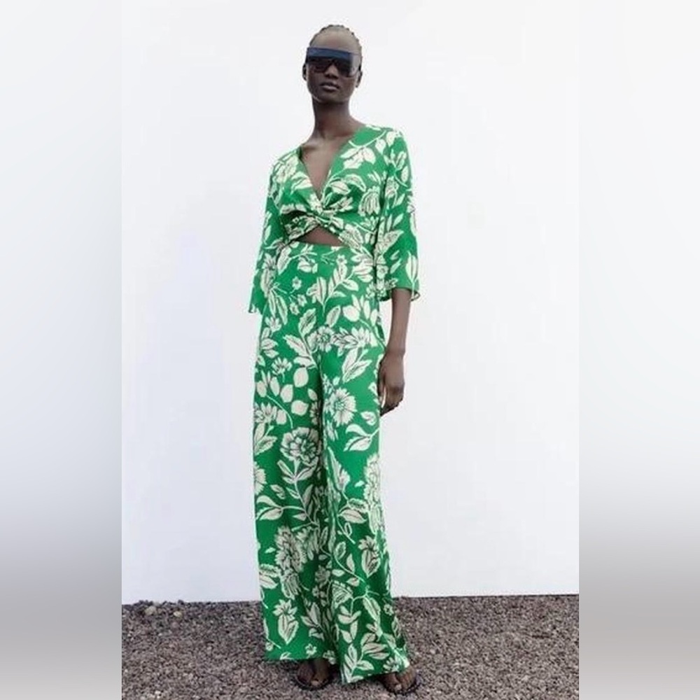 Zara Green Floral Wide Leg Jumpsuit